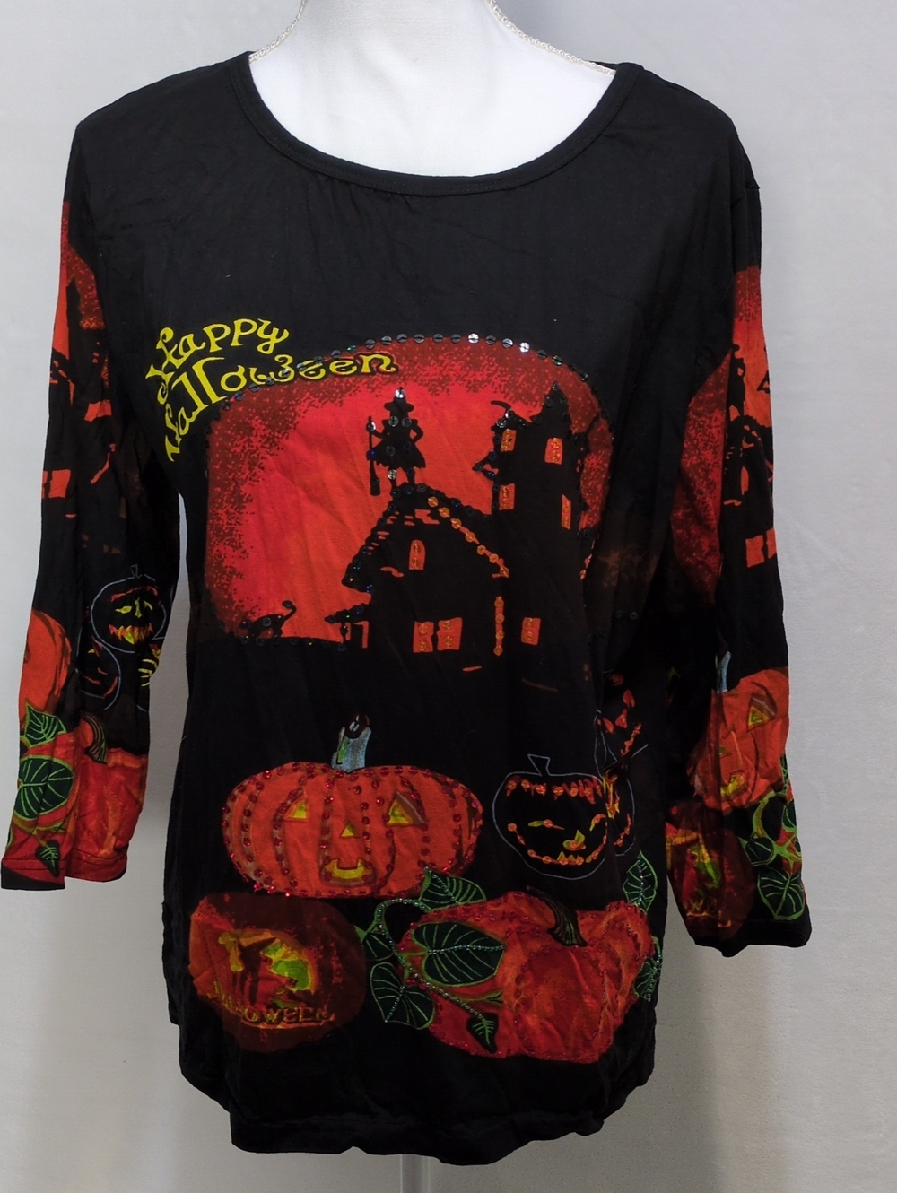 Collections Etc Happy Halloween Top Large Vintage Sequin Pumpkin Haunted House